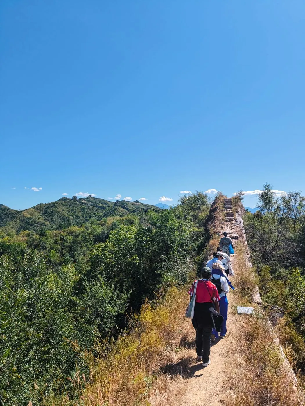 Voyageurs randonnant sur une section sauvage de la Grande Muraille